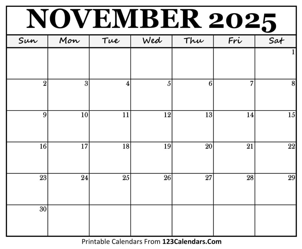 Printable November 2025 Calendar Templates Easy To Download Print