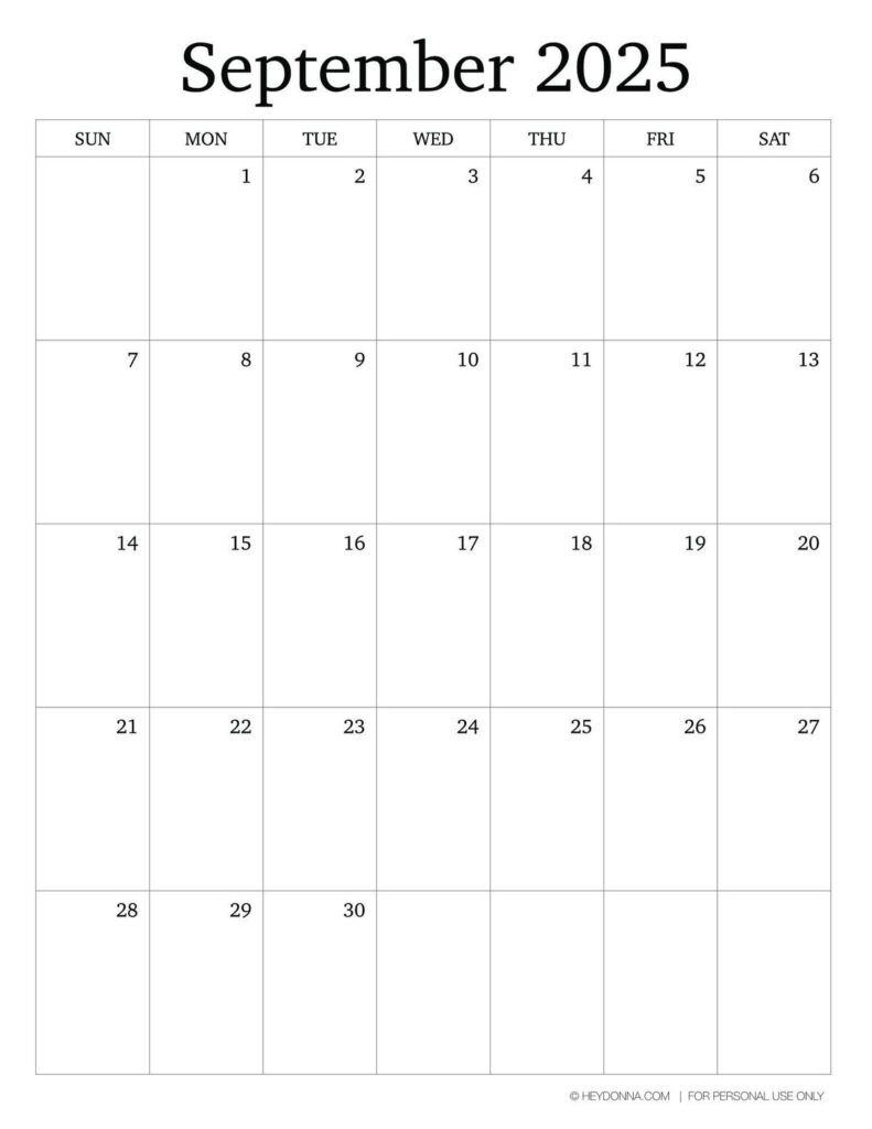 Printable September 2025 Monthly Calendar Hey Donna