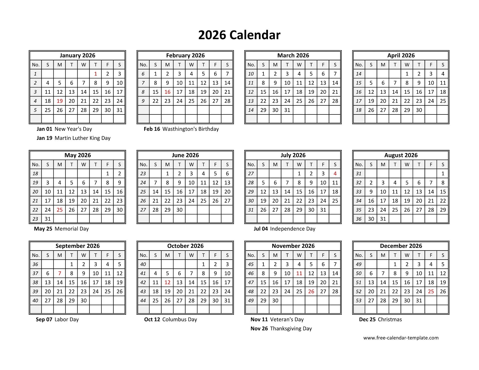 Printable Yearly Calendar 2026 Free calendar template Printable Yearly Calendar 2026 Free calendar template