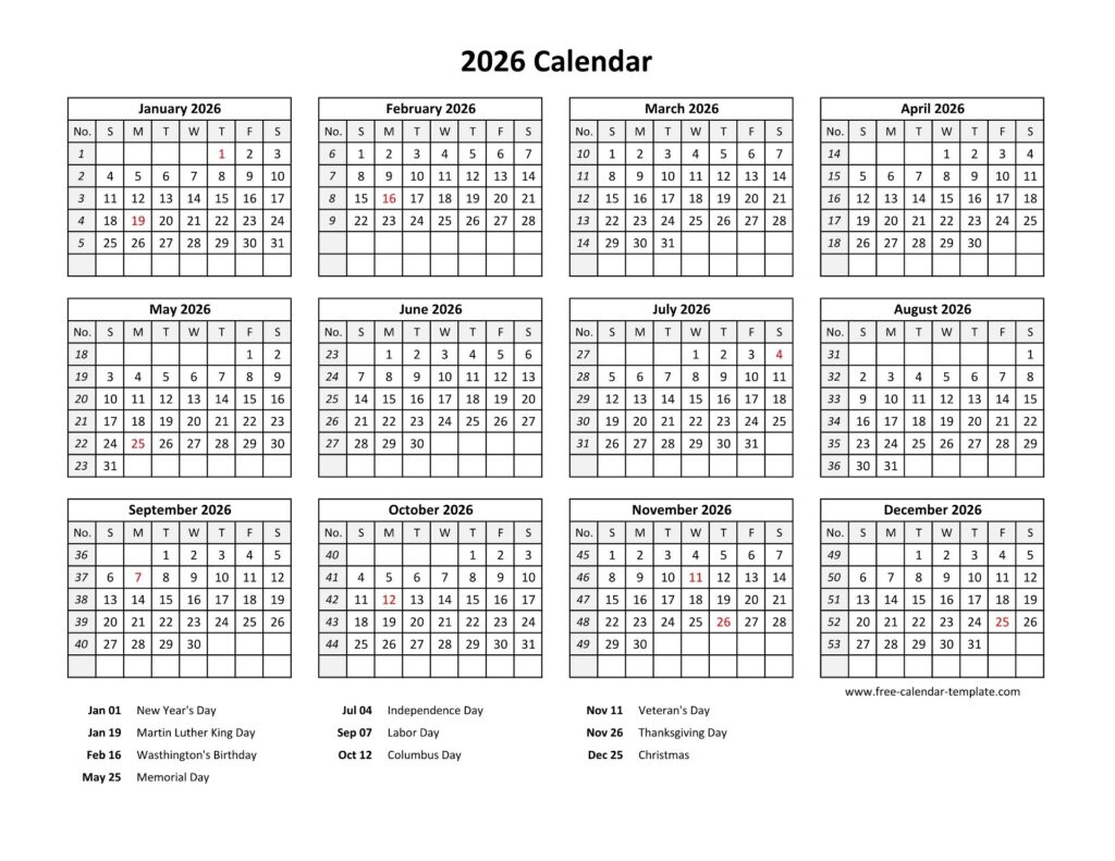 Printable Yearly Calendar 2026 Free calendar template