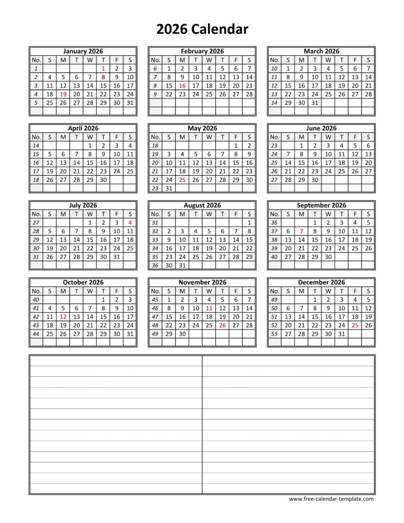 Printable Yearly Calendar 2026 Free calendar template