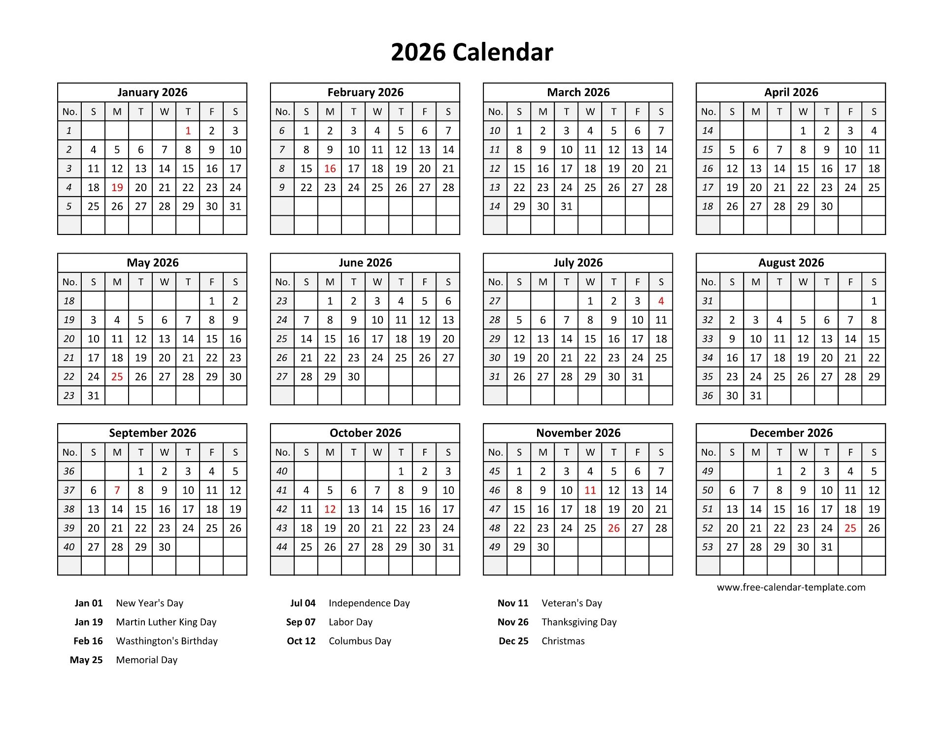 Printable Yearly Calendar 2026 With US Holidays Free calendar template