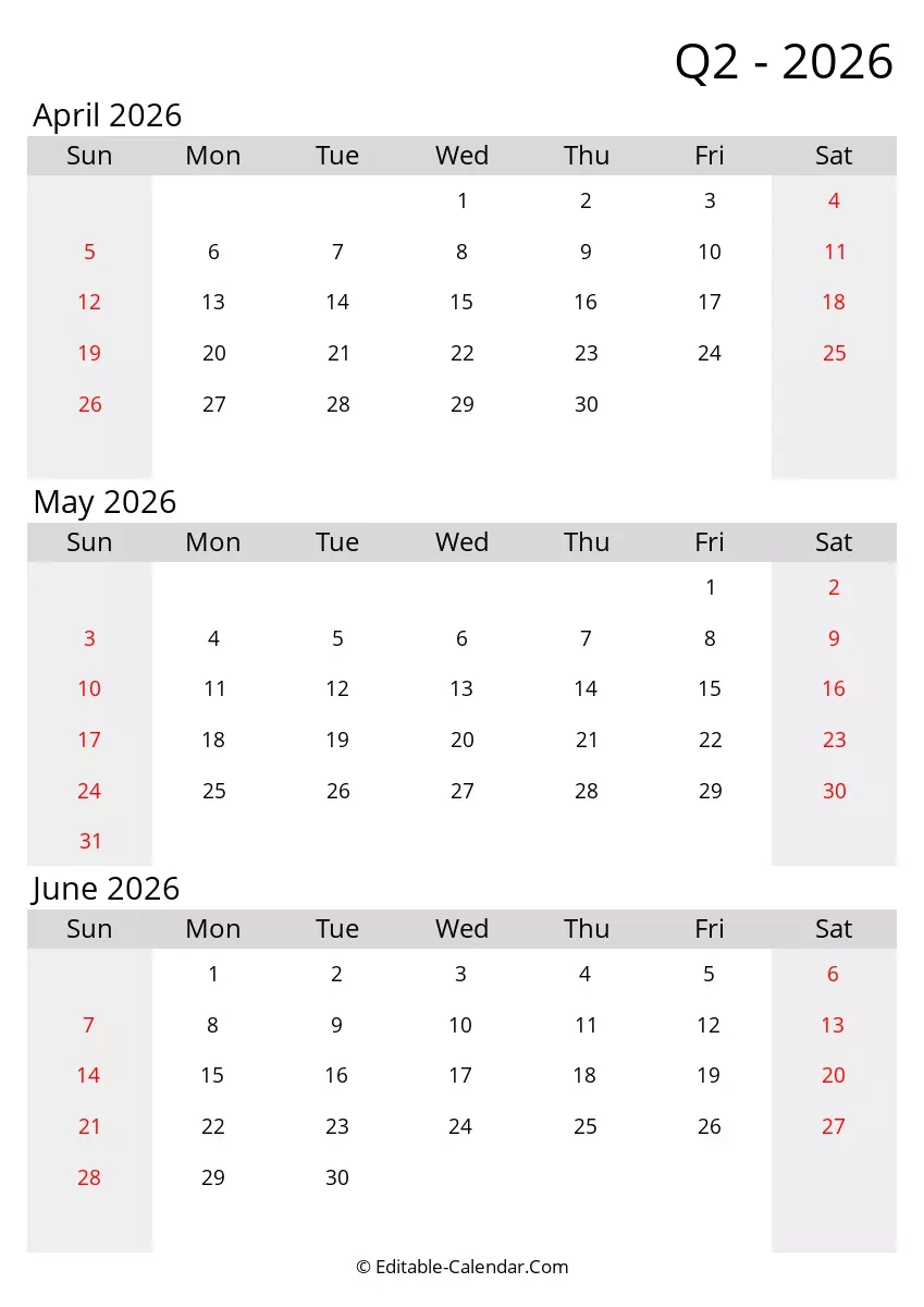 Quarter 2 Of 2026 Editable Calendar In Excel Word PDF