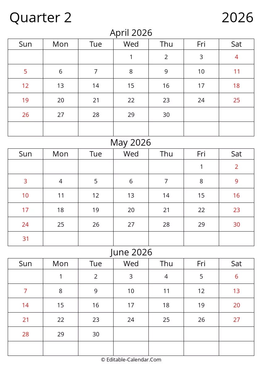 Quarter 2 Of 2026 Editable Calendar In Excel Word PDF