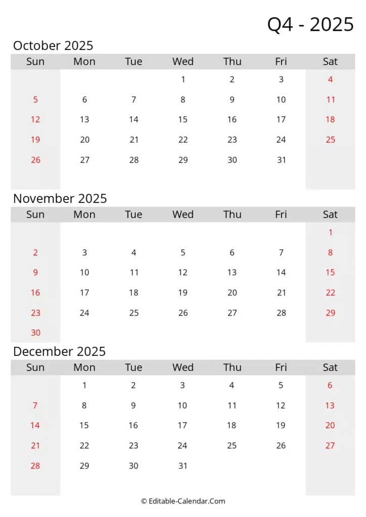 Quarter 4 Of 2025 Editable Calendar In Excel Word PDF