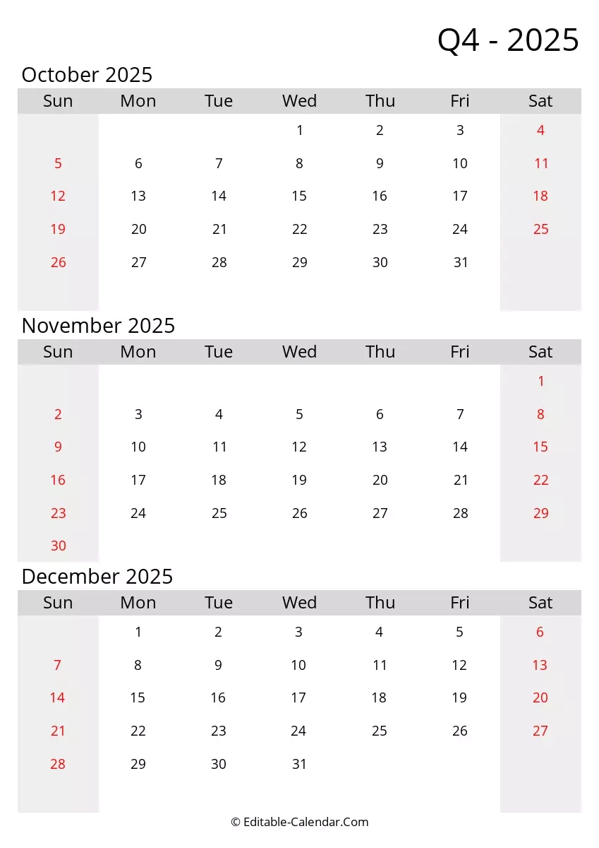 Quarter 4 Of 2025 Editable Calendar In Excel Word PDF
