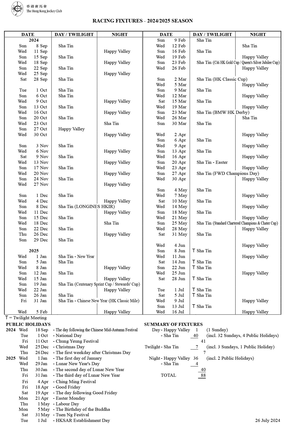 RACING FIXTURES 2024 2025 SEASON Racing News The Hong Kong Jockey Club