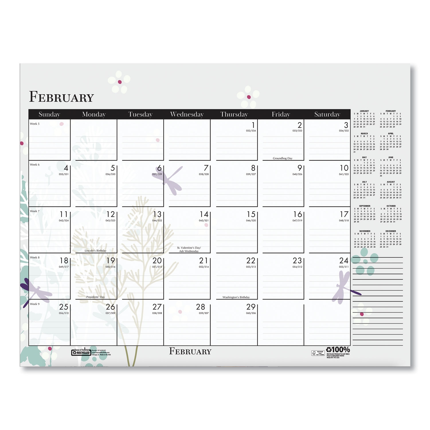 Recycled Desk Pad Calendar Wild Flowers Artwork 22 X 17 White Sheets Black Binding Corners 12 Month Jan Dec 2026 Calendars House Of Doolittle 