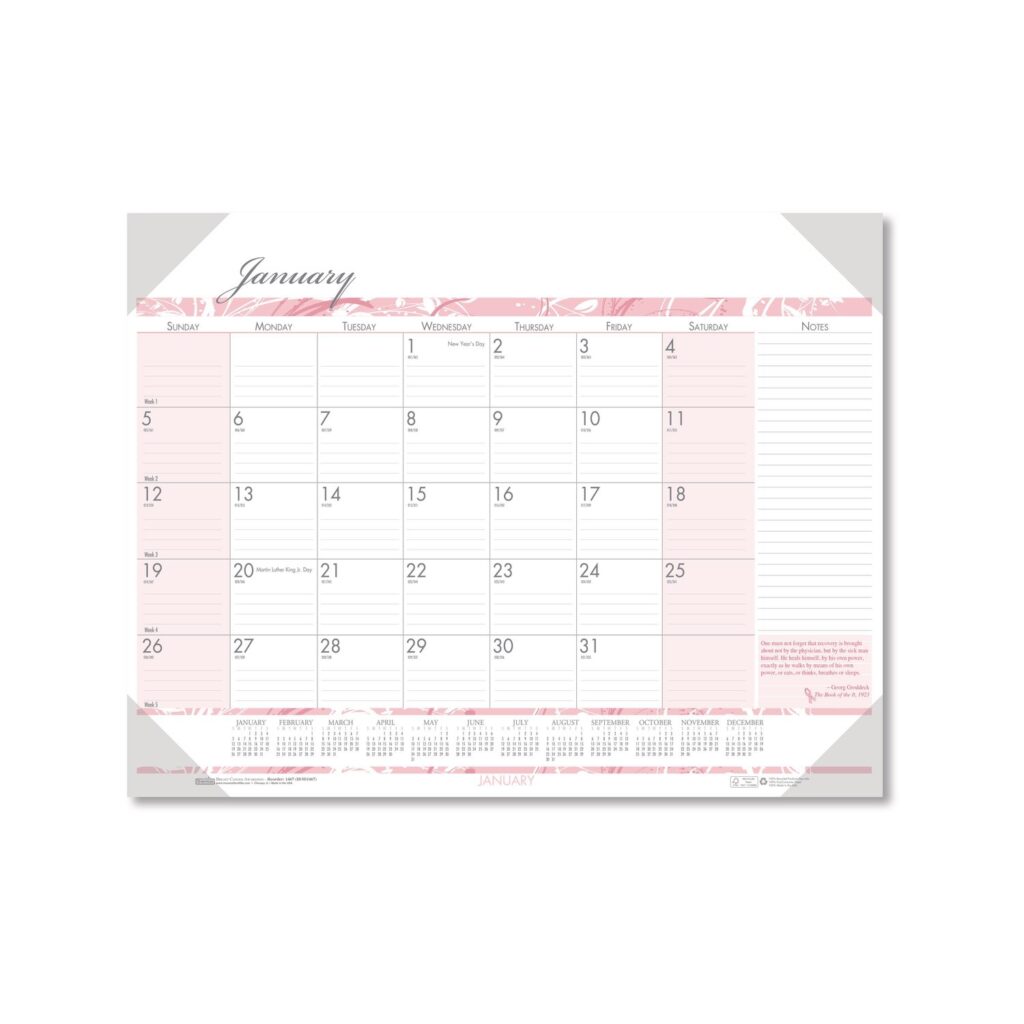 Recycled Monthly Desk Pad Calendar Breast Cancer Awareness Artwork 22 X 17 Black Binding Corners 12 Month Jan Dec 2024 House Of Doolittle MPN 1467 Reliable Paper
