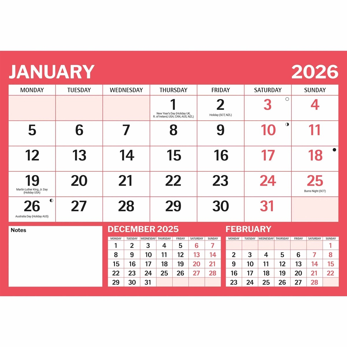 Red Black Basic A4 Large Print Calendar 2026
