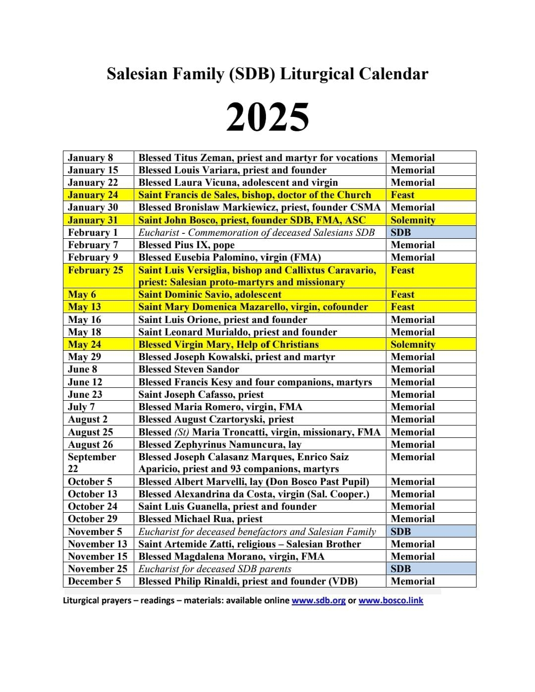 Resource 2025 Salesian Family Calendar Liturgy Prayer Intentions Resource 2025 Salesian Family Calendar Liturgy Prayer Intentions