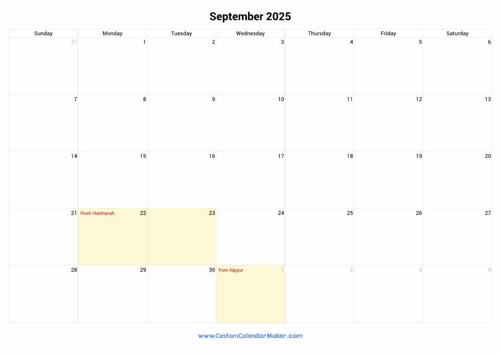 September 2025 Jewish Calendar With Hebrew Holidays Custom Calendar Maker