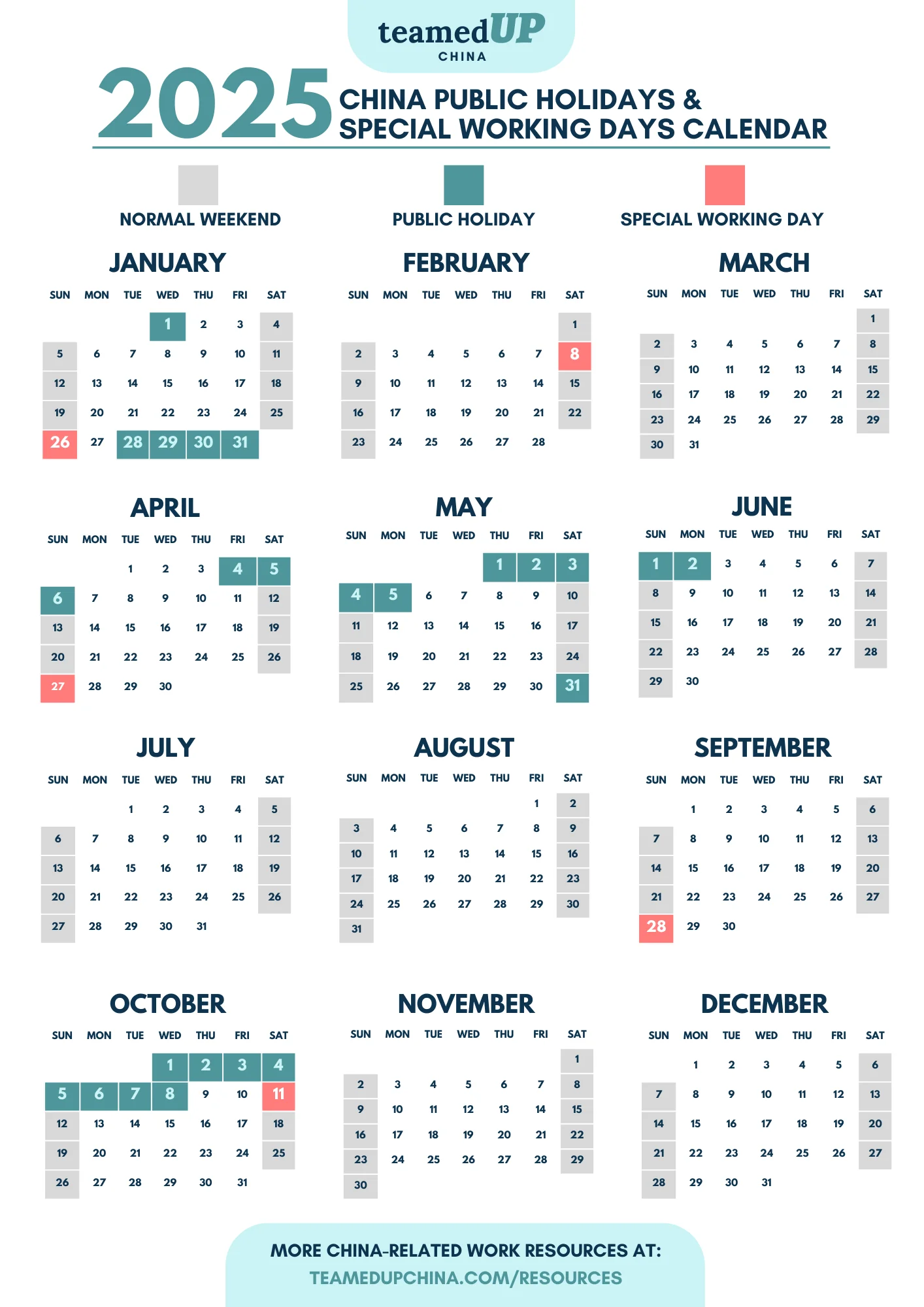 Simple 2025 China Public Holidays Special Working Days Calendar