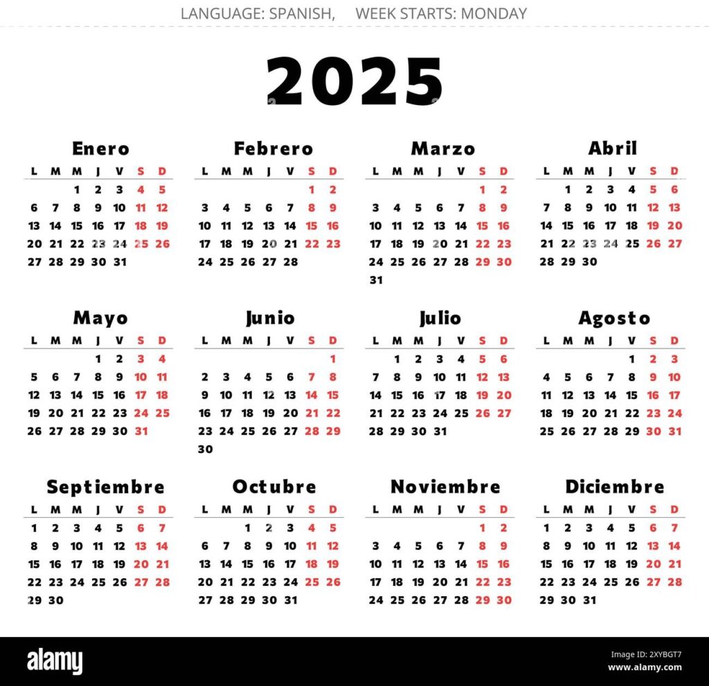 Spanish 2025 Year Calendar Printable Vector Black And Red Colors Illustration For Spain Good For Large Print Stock Vector Image Art Alamy
