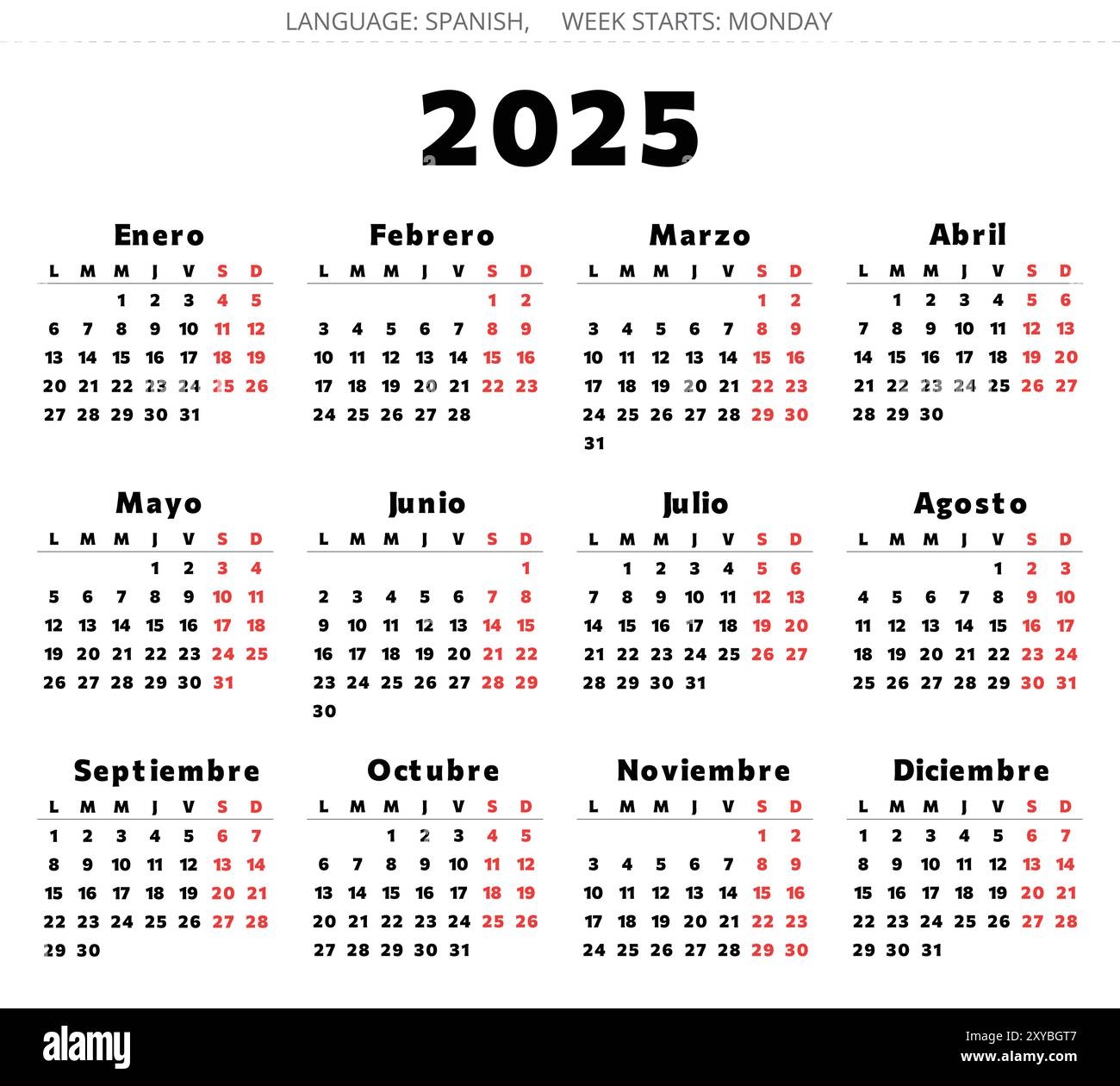 Spanish 2025 Year Calendar Printable Vector Black And Red Colors Illustration For Spain Good For Large Print Stock Vector Image Art Alamy