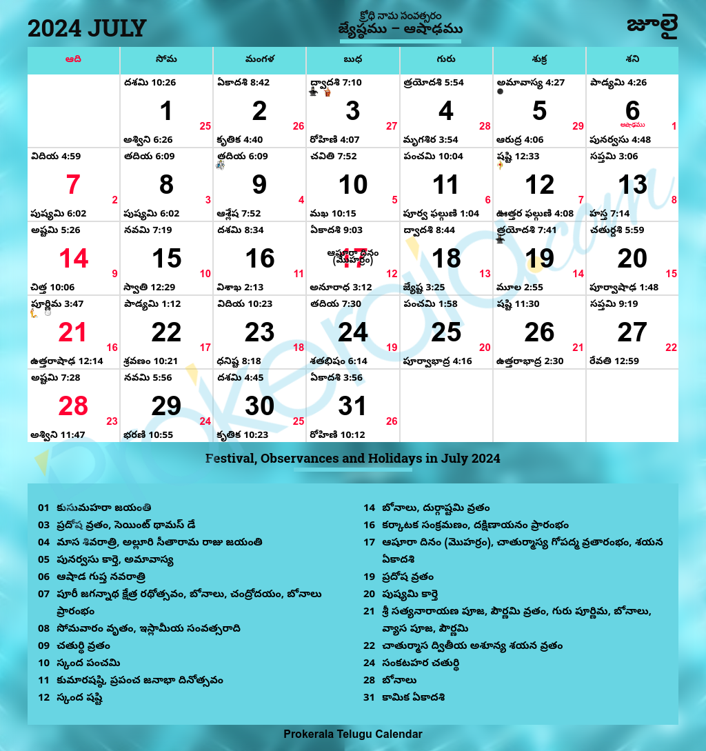 Telugu Calendar 2024 July Telugu Calendar 2024 July