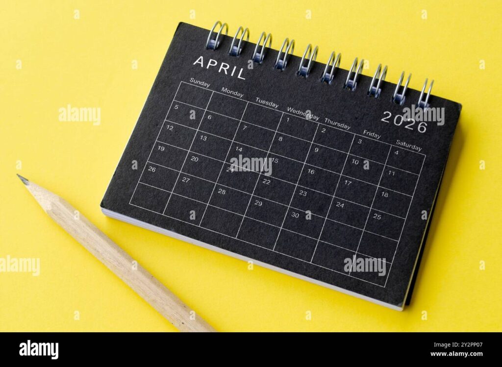 Top View Of April 2026 Calendar On Black Notepad With Yellow Background Calendar Concept Stock Photo Alamy