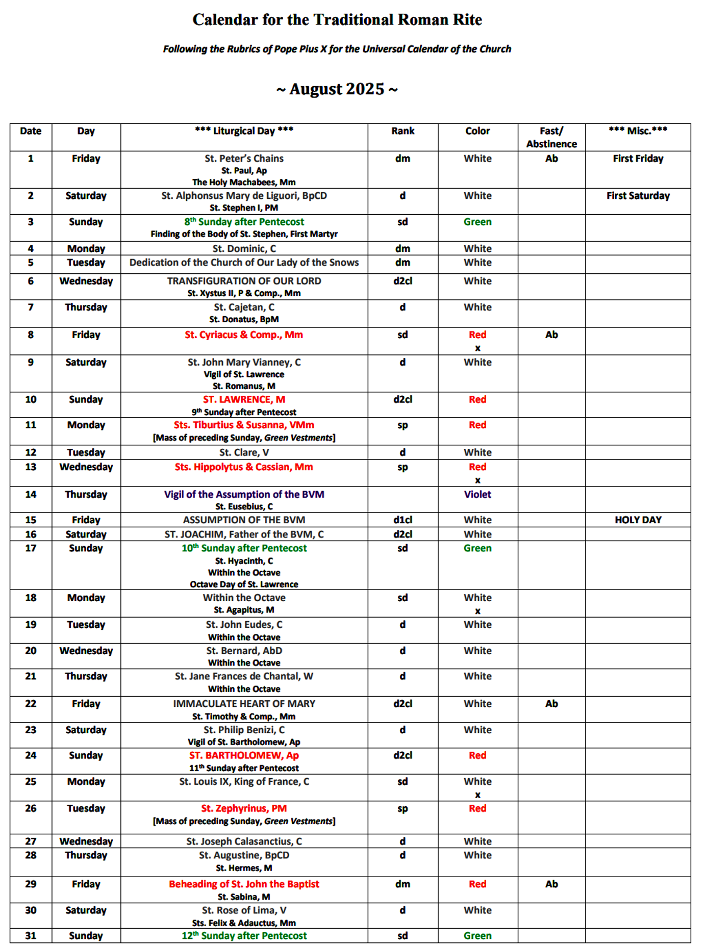 Liturgical Calendar September 2025