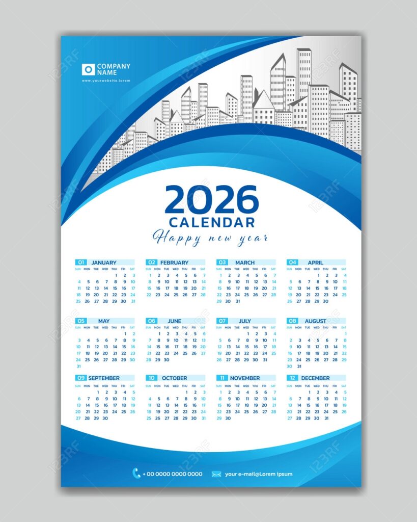 Wall Calendar 2026 Year Blue Template Vector With Place For Photo And Logo Week Starts On Sunday Desk Calendar 2026 Design Set Of 12 Months Printing Media Poster Calendar 2026 Design Royalty