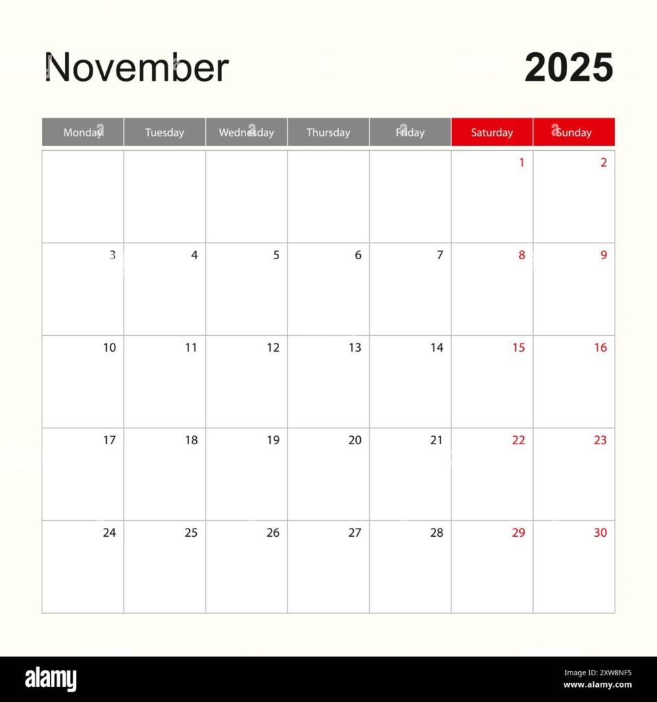 Wall Calendar Template For November 2025 Holiday And Event Planner Week Starts On Monday Vector Template Stock Vector Image Art Alamy