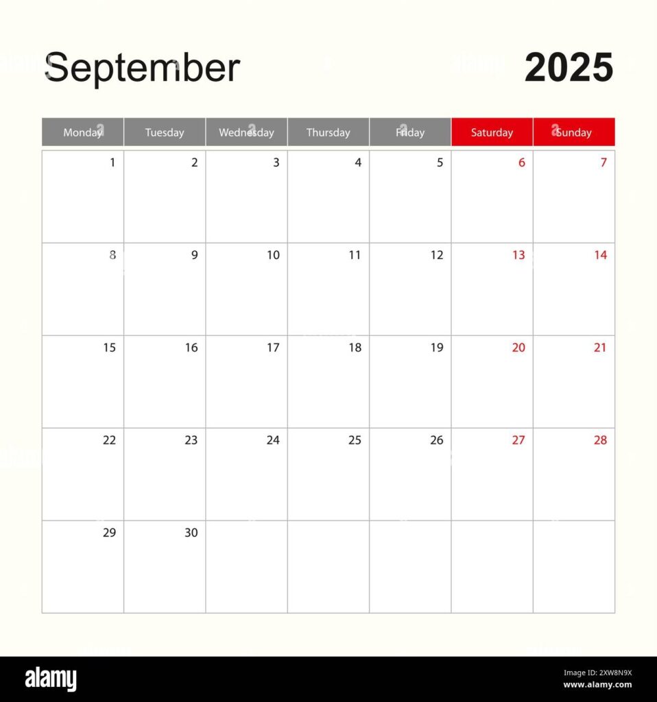 Wall Calendar Template For September 2025 Holiday And Event Planner Week Starts On Monday Vector Template Stock Vector Image Art Alamy