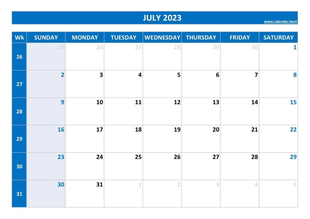 Week 26 2023 Dates Calendar And Weekly Schedule To Print