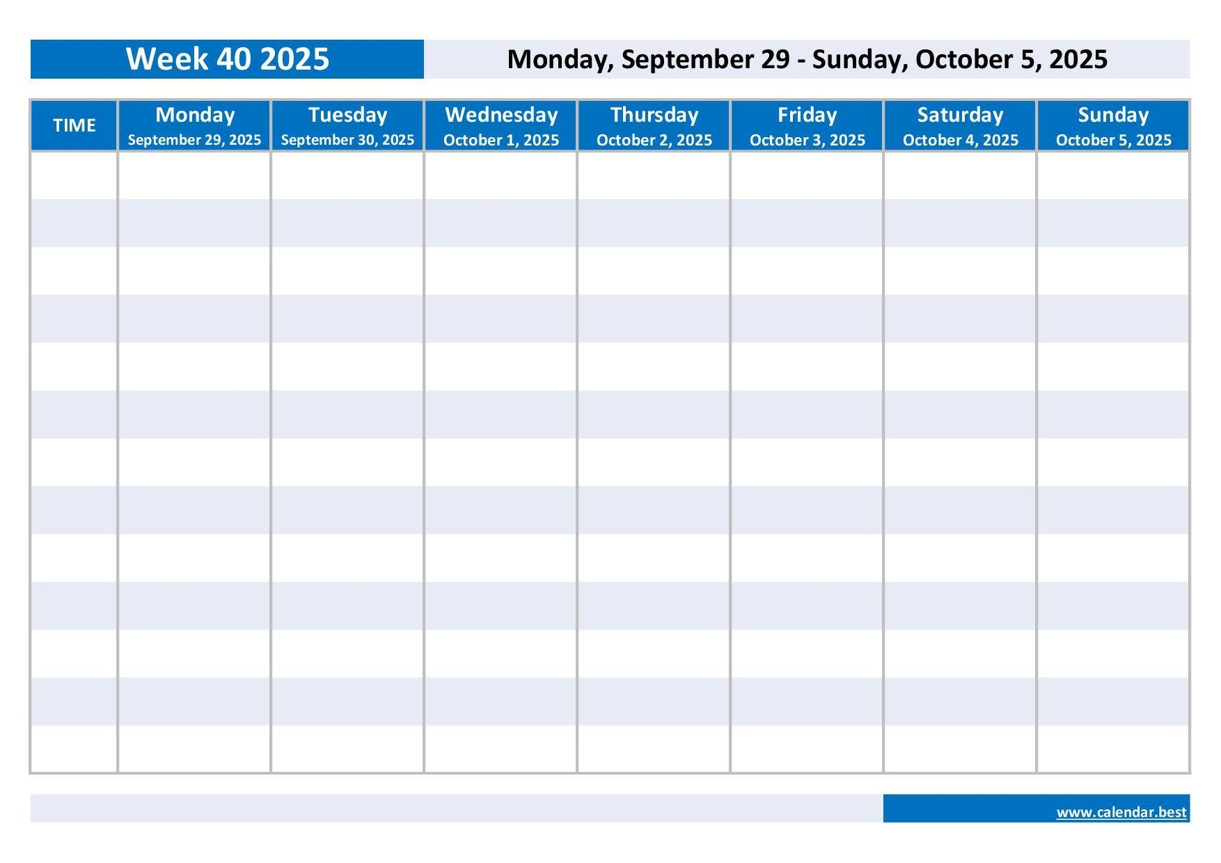 Week 40 2025 Dates Calendar And Weekly Schedule To Print