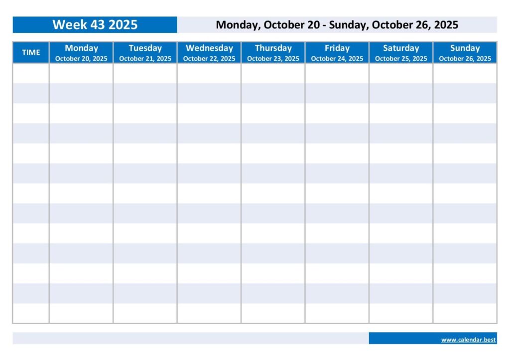 Week 43 2025 Dates Calendar And Weekly Schedule To Print