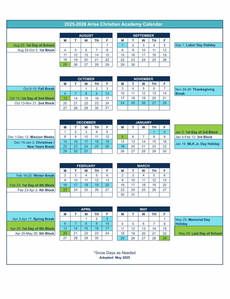 Yearly Calendar Arise Christian Academy